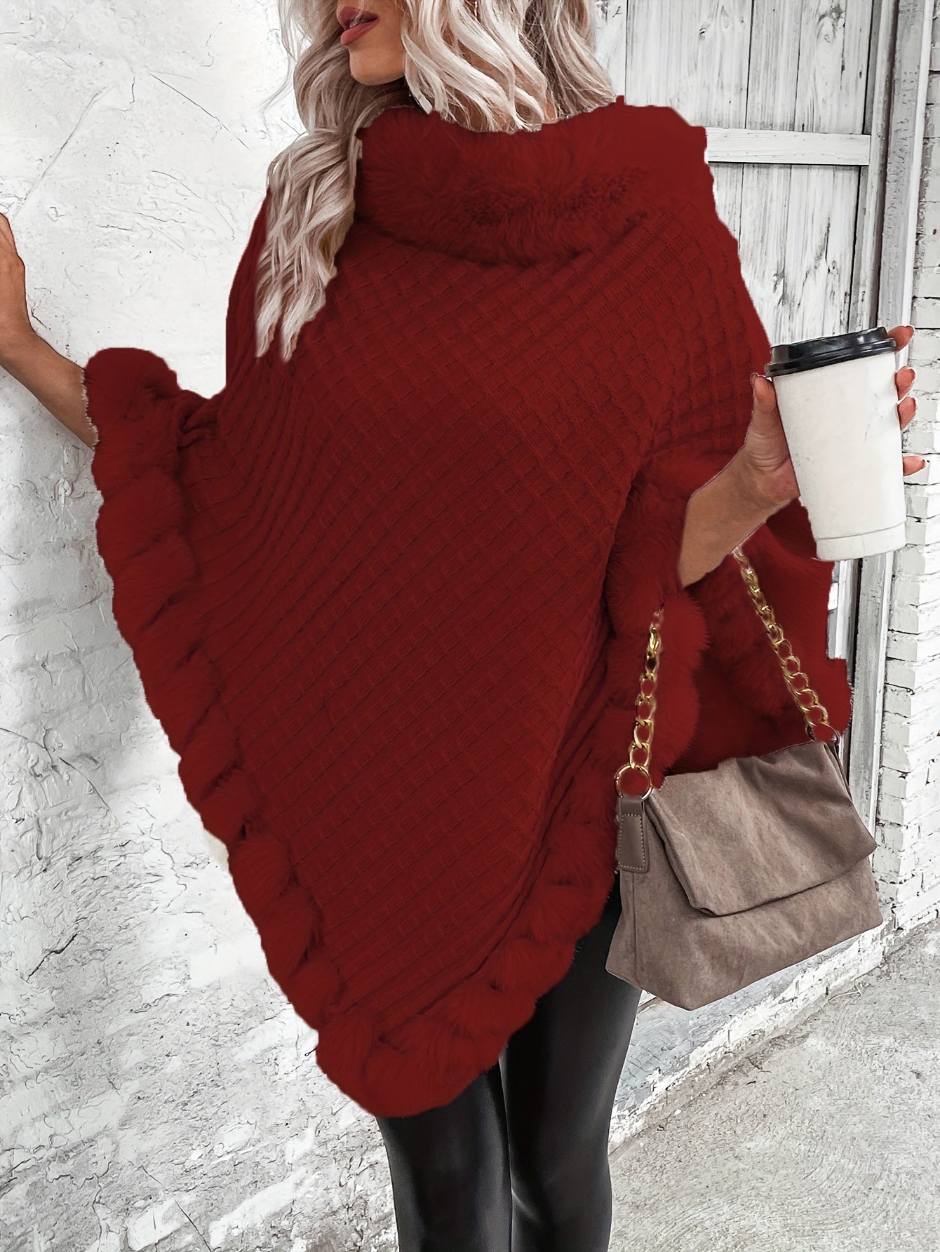 Winter Chic Fur-Trim Turtleneck Sweater - Cozy Long Sleeve, Hanky Hem Design - Perfect for Cold Weather