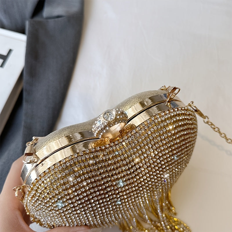Elegant Heart-Shaped Rhinestone Evening Clutch with Tassel, Lightweight Acrylic Party Handbag with Removable Strap, Buckle Closure, Rayon Lined, No Pattern Design for Valentine'S Day