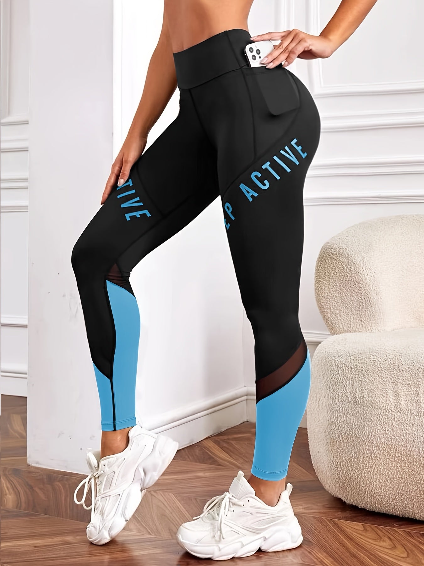 Casual Women'S Color-Blocked Mesh Patchwork Letter Print Pocket Comfortable Elastic Waist Versatile Tight Yoga Leggings.