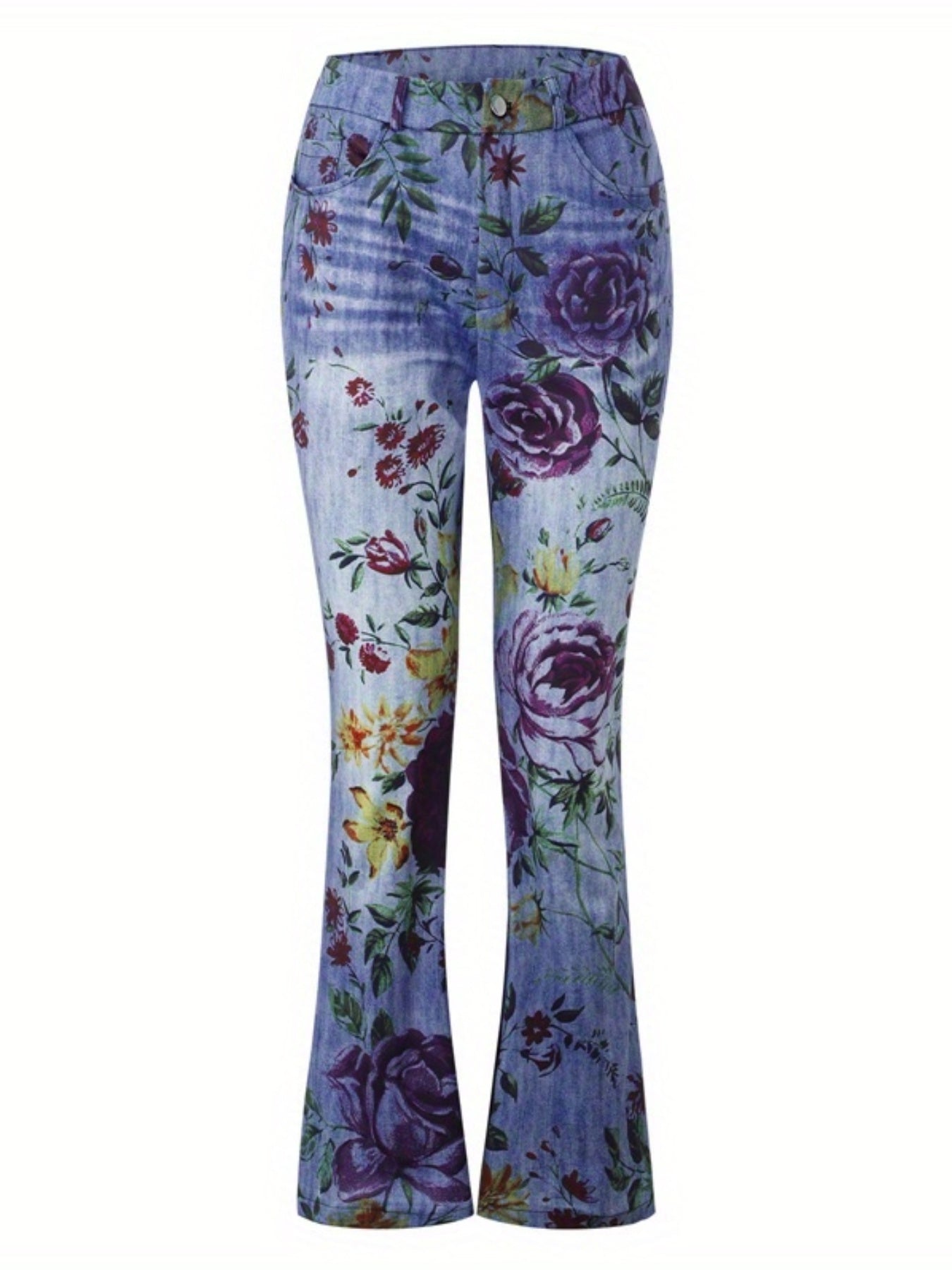 Women's Vibrant Floral Print Flared Jeans - Casual Bell Bottom Denim Pants with Slash Pockets, Stretchy & Comfortable, Perfect for All Seasons