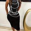 SPECHIR Women's Sleeveless Bodycon Midi Dress - Black with White Pearl & Chain Fringe Detail, High Neckline, Stretchy Polyester-Spandex Blend, Casual Spring/Summer Wear