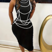 SPECHIR Women's Sleeveless Bodycon Midi Dress - Black with White Pearl & Chain Fringe Detail, High Neckline, Stretchy Polyester-Spandex Blend, Casual Spring/Summer Wear