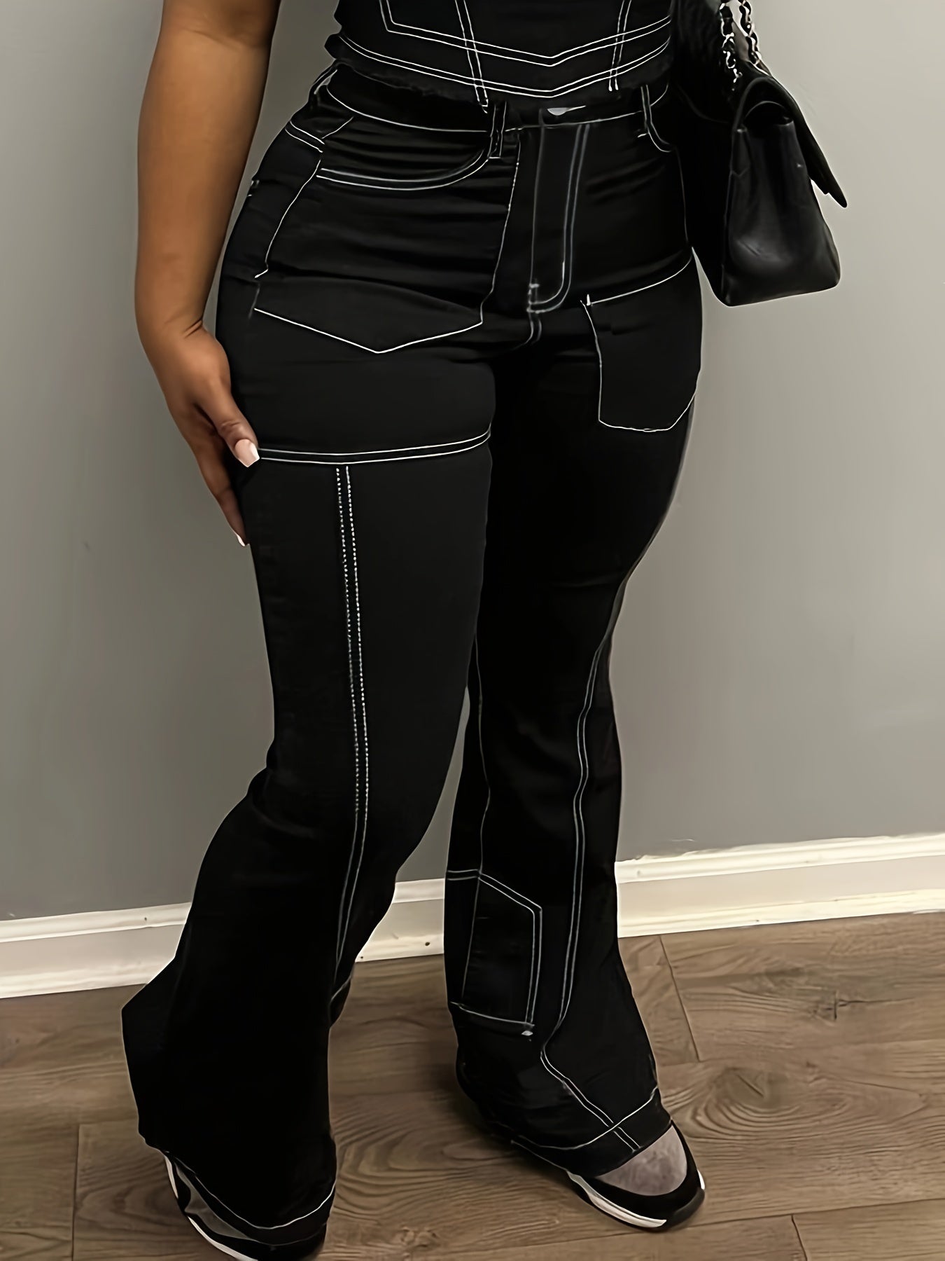 Women'S High-Waist Slimming Cargo Pants with Fashionable Chest Line Detail - Black, Casual Style for All Seasons