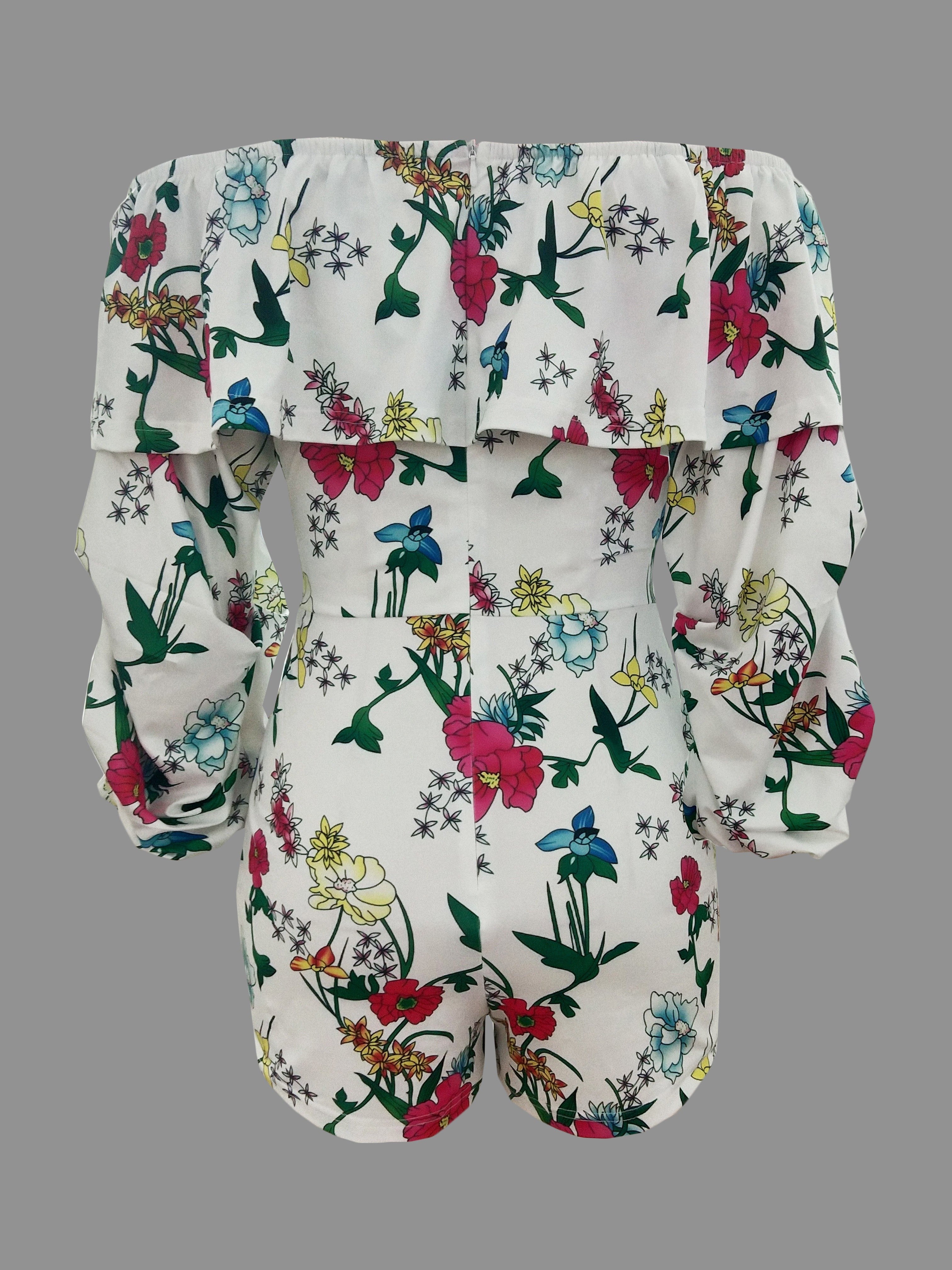 Floral Print Off Shoulder Romper Jumpsuit, Elegant Backless Tie Waist Ruffle Trim Skinny Romper Jumpsuit, Women's Clothing