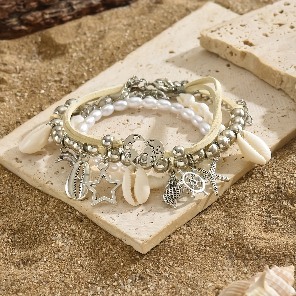 4pcs Women's Boho Anklet Set - Silver-Plated Shell & Faux Pearl Charms, Starfish Conch Moon Motifs - All-Season Jewelry | Versatile for Daily & Party Wear | Ideal Thanksgiving Day Gift