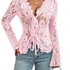 Women's Sheer Blue Lace Tie-Front Blouse - Long Sleeve V-Neck Floral Top for Casual & Clubwear, High Stretch Polyester Fabric, Elegant Ruffled Detailing, Casual Clubwear | Floral Lace Design | Intricate Lace Texture