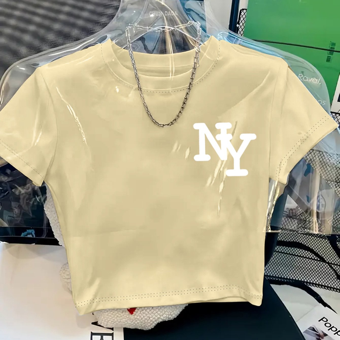 Women's Y2K Style NY Monogram Graphic T-Shirt - Soft Stretchy Polyester Blend, Oversized Cropped Fit, Machine Washable Spring/Summer Casual Top