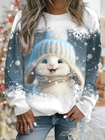 Women's Printed Rabbit Cute Round Neck Pullover Long Sleeve Sweater