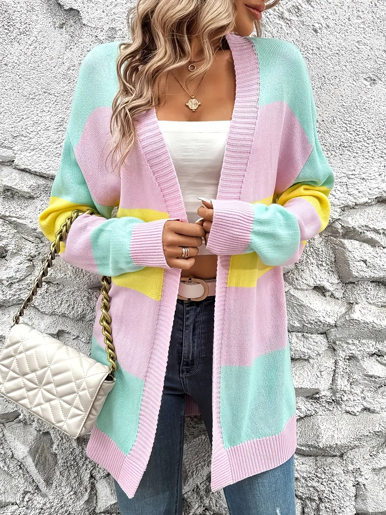 Women'S Casual Cardigan Sweater, Mid-Length, Comfortable Long Sleeves, Colorful Stripes, Perfect for Pairing with Jeans, Leggings, Trousers, Shorts, Boots, or Sneakers, Casual Fit, Striped Pattern, Ribbed Detailing