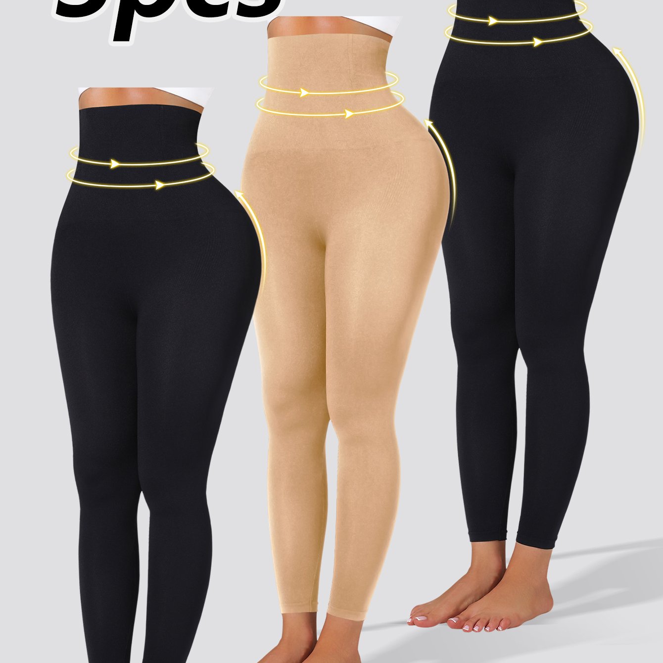 3pcs Women's High-Waisted Yoga Leggings - Tummy Control Butt Lifting 7/8 Length Pants with Golden Sequin Waistband, High-Stretch Non-See-Through Fabric for Workouts & Casual Wear (Black)