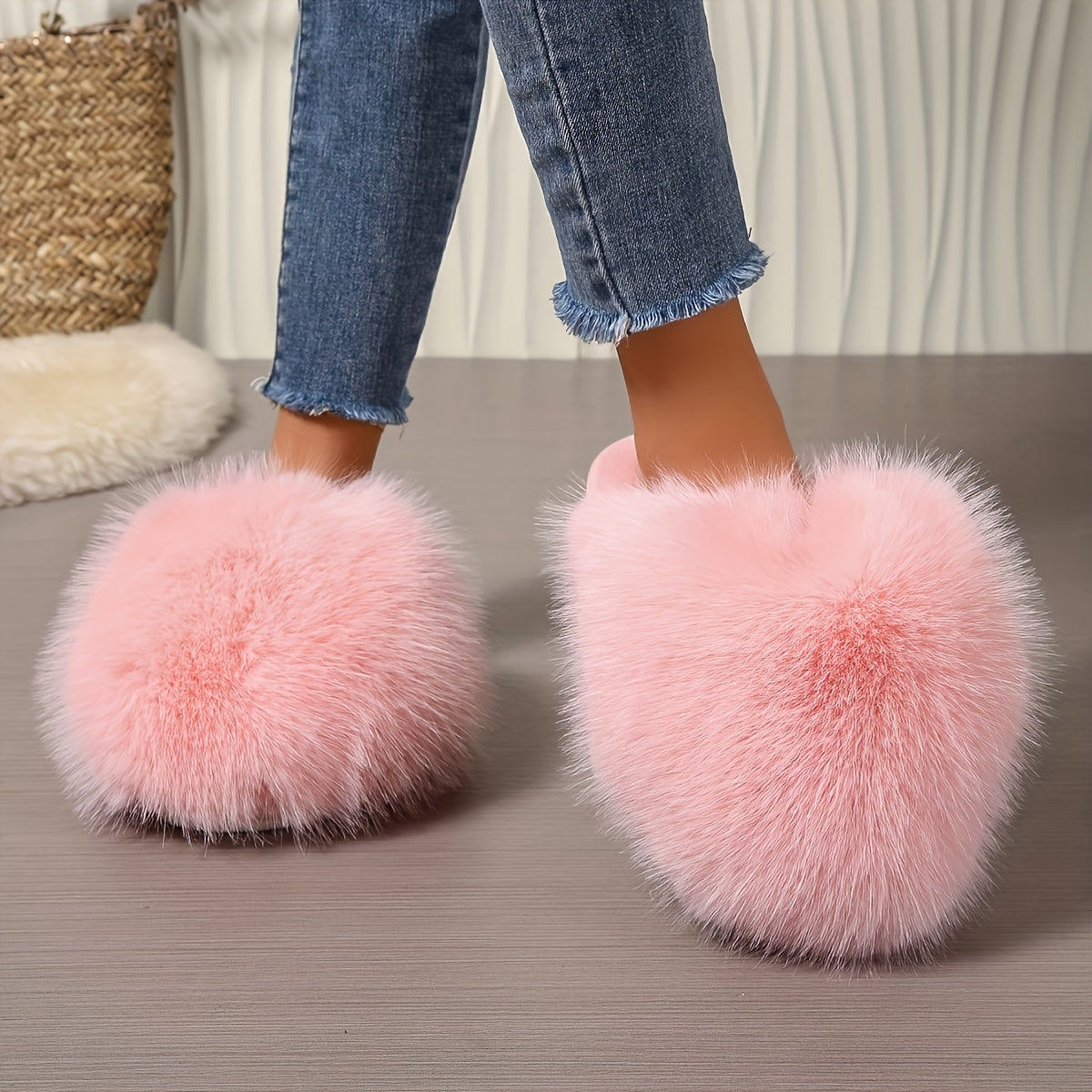 Women's Faux Fur Elegant Slippers – Korean Style, Warm All-Season House Shoes with Non-Slip Rubber Sole