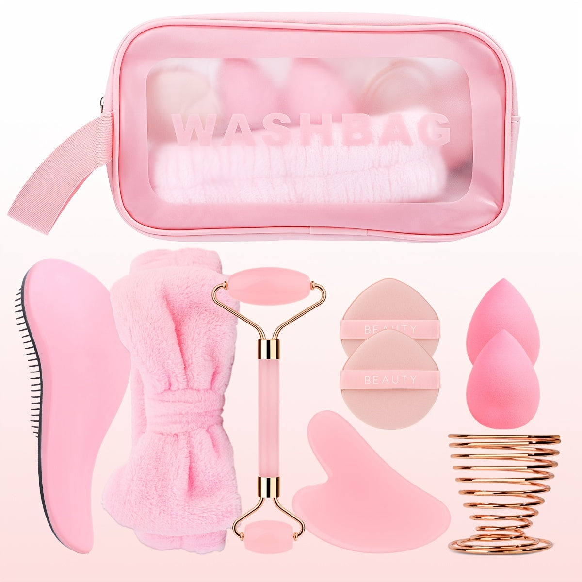10pcs Facial Massage Set, Including 1 Double-Head Roller Massager, 1 Heart-Shaped Massage Board, 1 Pink Hair Band, 1 Long-Handled Hair Comb, 2 Air Cushion Powder Puffs, 2 Water Drop Beauty Eggs, 1 Metal Beauty Egg Stand, for