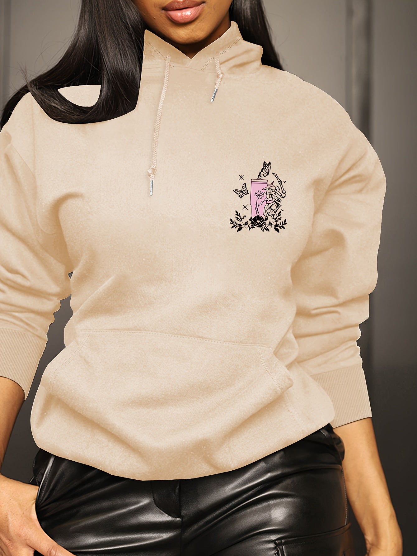 Women's Trendy Skull Print Hoodie - Casual Pullover with Kangaroo Pocket, Long Sleeve, Machine Washable Polyester
