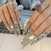 10pcs Handmade Press on Nails Kit Rhinestone Decor Luxury Extra Long Pointed Almond Nails Box Included Free Nail Tool Stickers Nail Charm DIY Salon Nail Art Party Christmas Silvery Acrylic Nail Y2K Nail Supplies Fake Nail Tip
