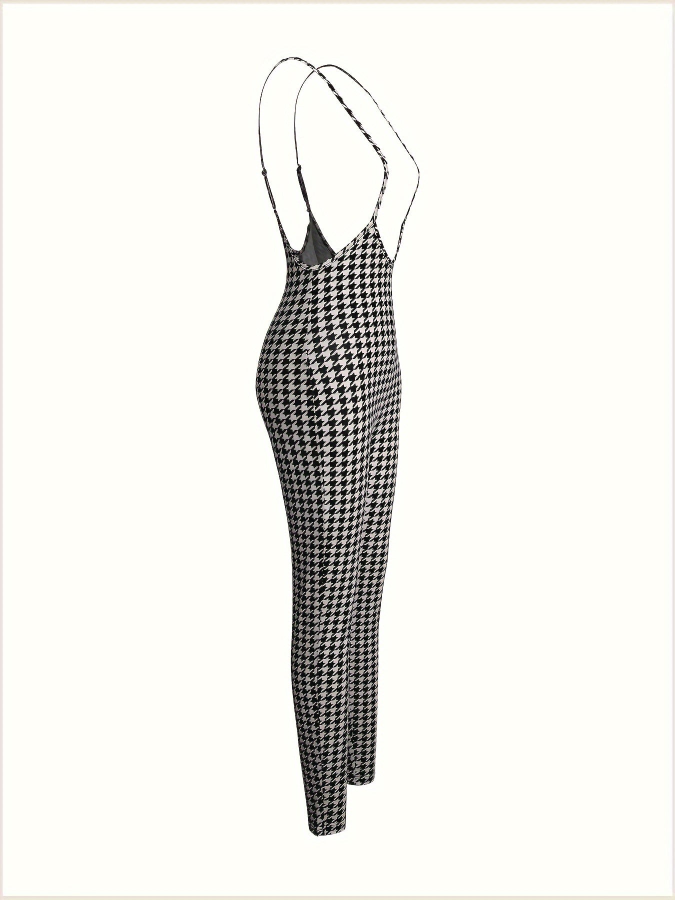 1pc Women's Sexy Houndstooth Pattern Jumpsuit, Polyester Knit Fabric with Elastane, Collarless Design, All-Season Fashion Pants, European And American Style, Geometric Pattern, Halter Neck