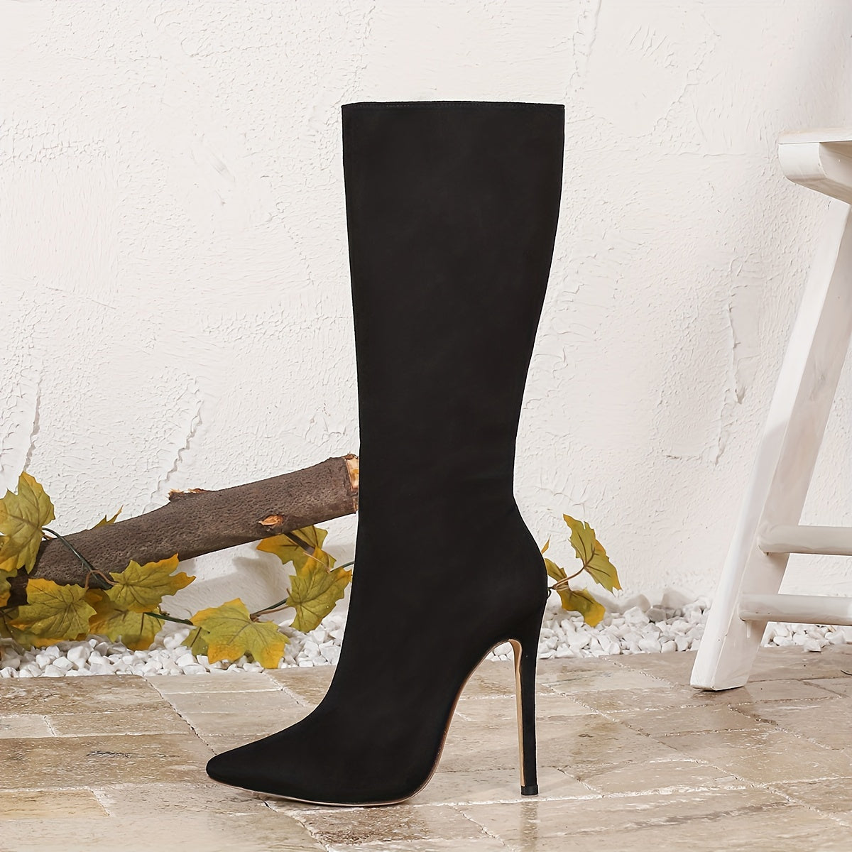 1pr Elegant Solid Color All-Season Comfort Boots - Women'S Knee-High Flannel Zipper Boots with Pointed Toe, Stiletto Heel, Fabric Insole & Rubber Sole - For Women - Suitable for Fall/Winter - Perfect for Parties & Casual Occa