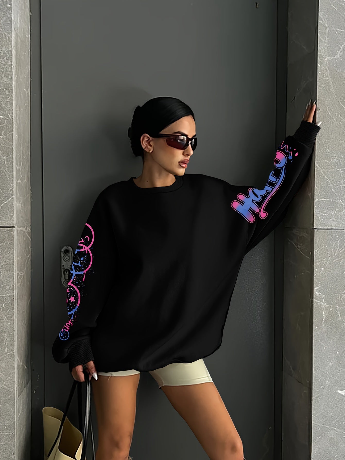 Women's Elegant Graffiti Letter Print Sweatshirt - Black with Pink & Blue Art, Round Neck, Medium Stretch, Machine Washable, Autumn Winter Casual Pullover, Ladies Sweatshirts, Everyday Comfort, Bold Graphic Design, Medium Str