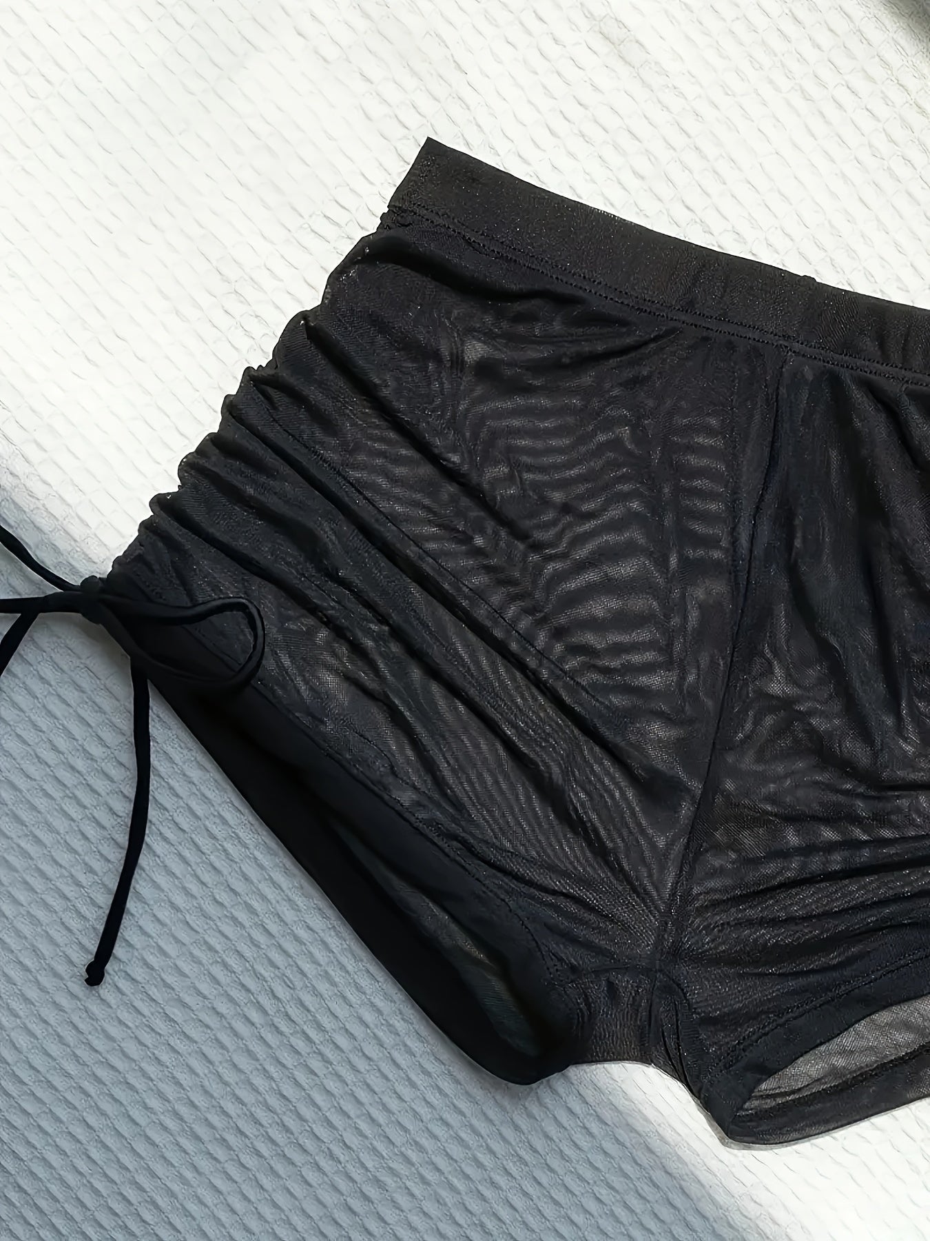 Solid Color Mesh Sexy Swim Shorts, Semi Sheer Side Tie Ruched Bikini Bottoms - Polyester - For Women - Perfect for Beach & Pool - Ideal Gift for Summer