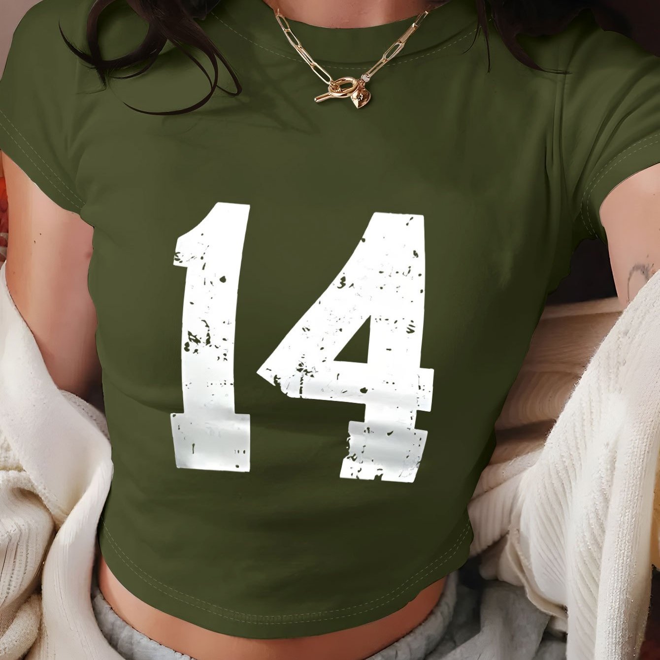 Women's Y2K Geometric Number 14 Print Crop T-Shirt - Soft Casual Top, Light Yellow with White Numerals, Spring Summer Versatile Tee, Distressed Style, Machine Washable Fabric, Comfortable Fit