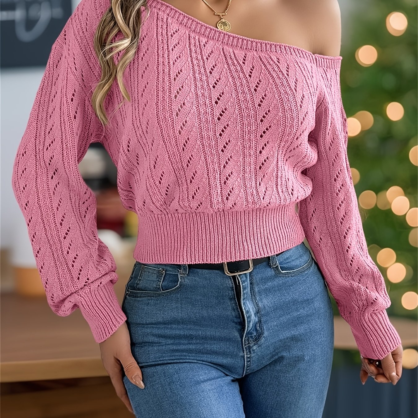 Chic Women's Off-Shoulder Long Sleeve Sweater - Casual Cut-Out Crop Top, Acrylic Knit, Perfect for Fall/Winter, Available in Pink and Black