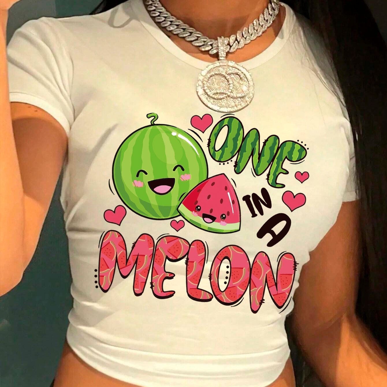 Women's Y2K Graphic Print Cropped T-Shirt - "ONE IN A MELON" Watermelon & Hearts Design, Light Grey Short Sleeve Crop Top, Machine Washable Casual Summer Tee, Tiktok Style Clothing | Crop Top Style | Nontransparent Fabric, Cu