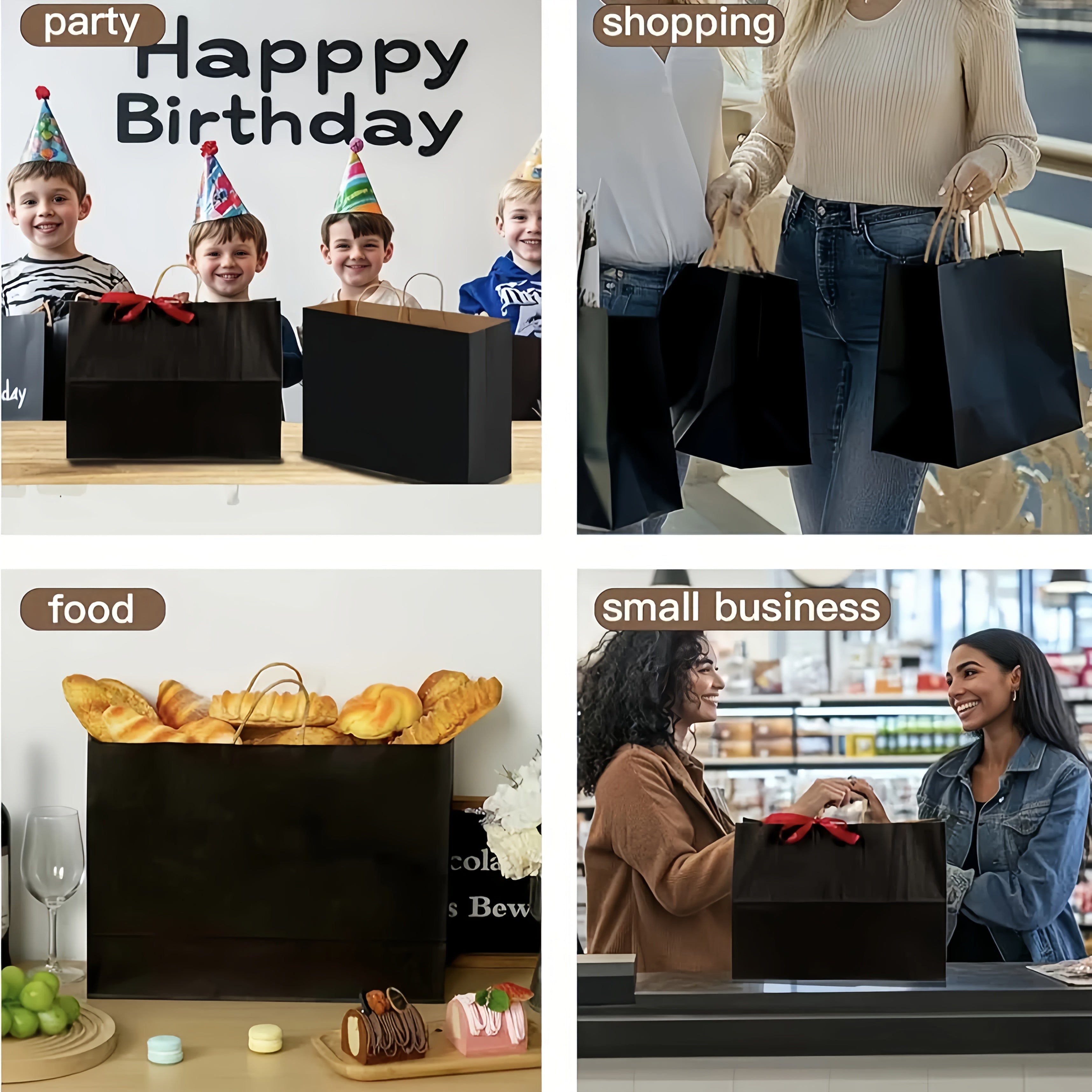 [50pcs] Large Black Paper Bags With Handles Made Of 120g Sturdy Kraft Paper-16x6x12 Inch Kraft Bags Bulk For Shopping, Gift Wrapping, Party Favor, Takeout, Boutique Retail Packaging