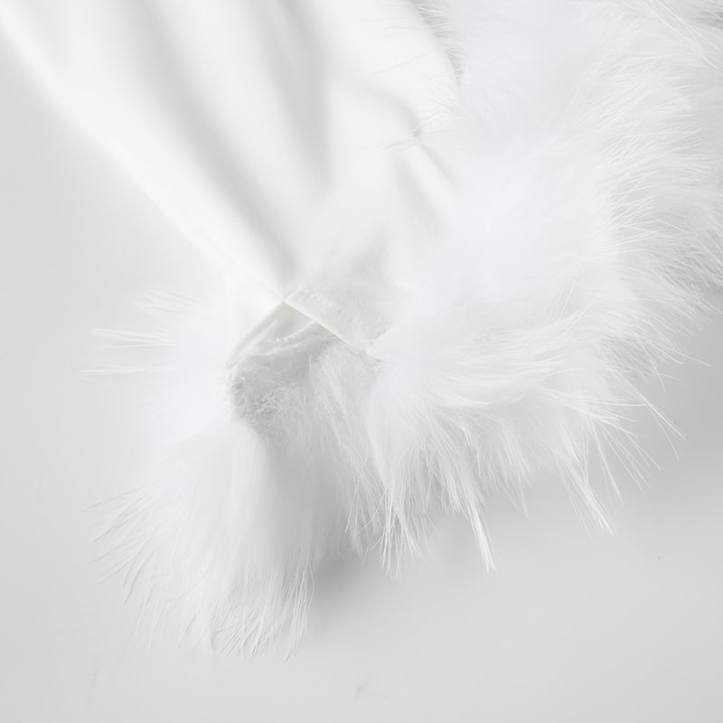 Women'S White Furry Trim Spaghetti Strap Dress, Sexy Sleeveless Knit Slip with Raw Hem Detail, Polyester 95% Elastane 5%, Solid Color, Fall/Winter Collection