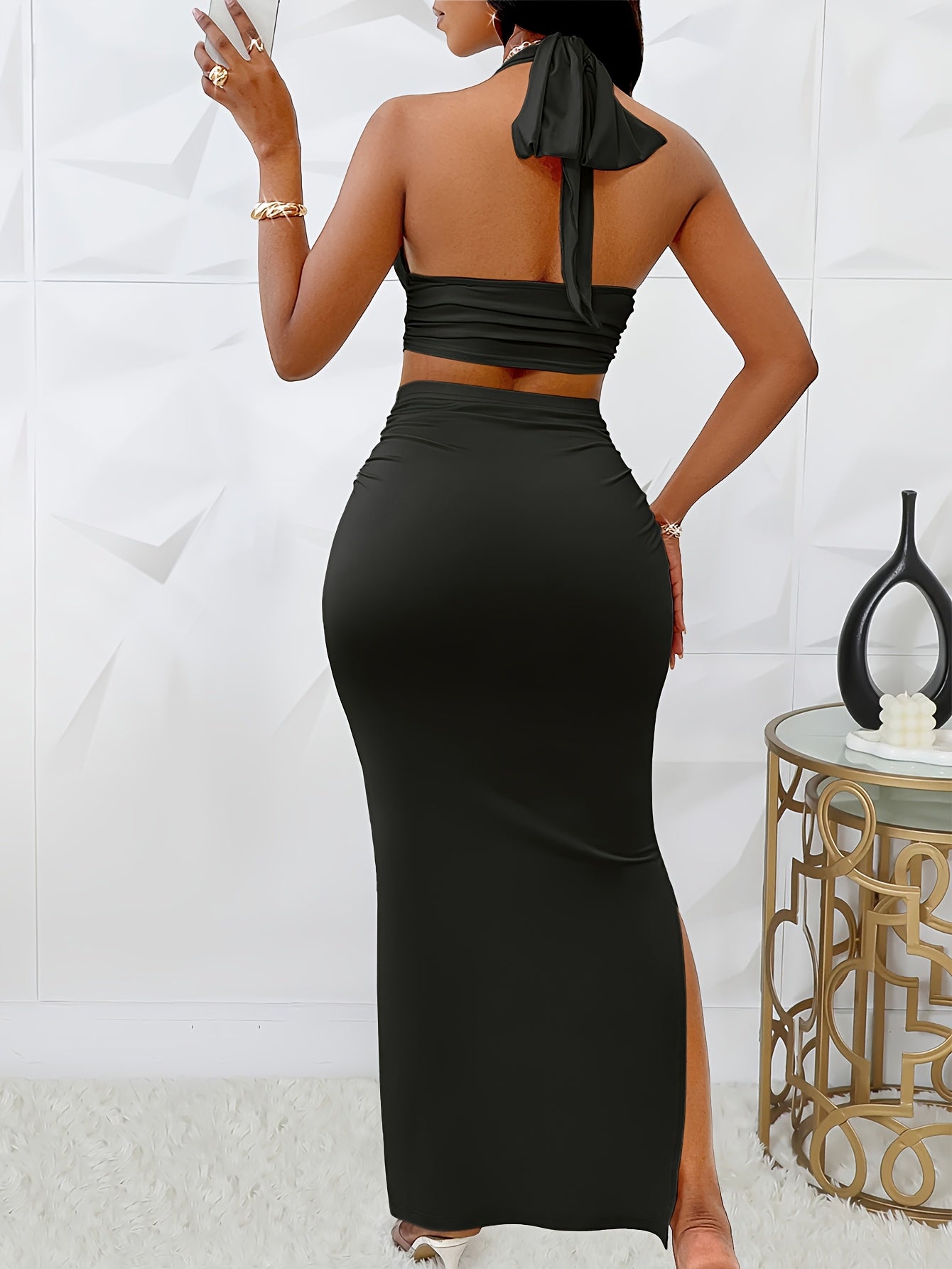 Women'S Elegant Halter Neck Sleeveless Backless Knit Dress and Skirt Set, Solid Color, Slight Stretch Polyester Elastane Fabric, 200g/m², for Spring/Summer