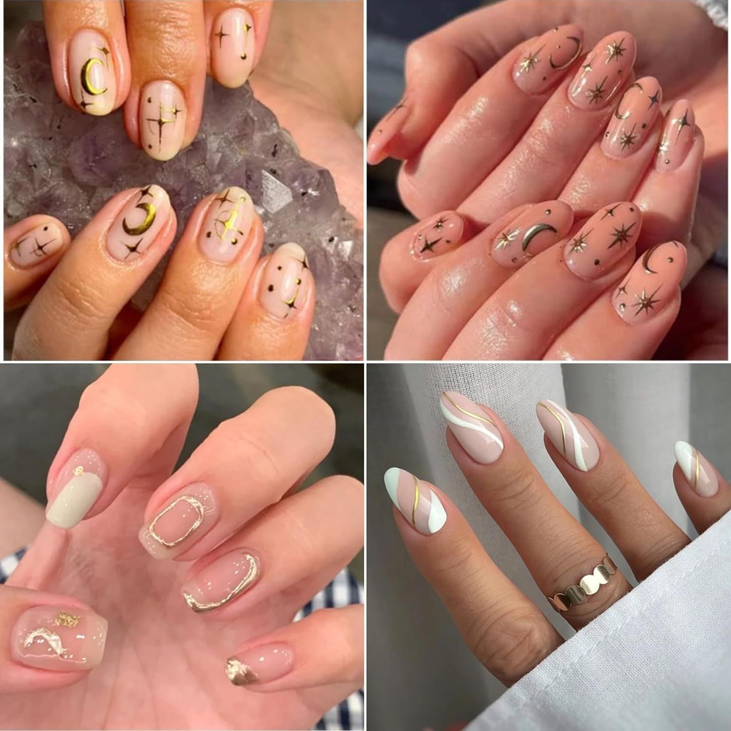 Golden Nail Art Stickers - 30 Sheets, 3D Self-Adhesive, for Acrylic Nails, Women, with Golden Line, Star, and Leaf Designs