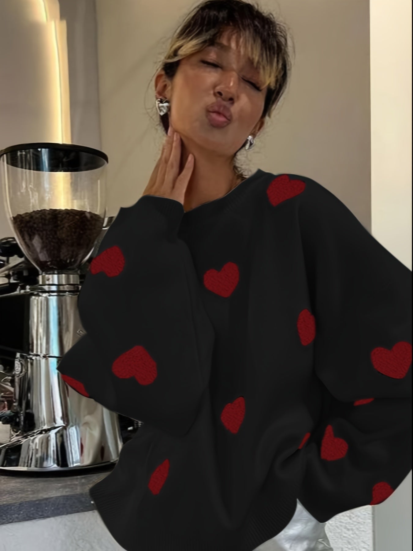 Valentine's Day Heart Pattern Sweater, Casual Long Sleeve Drop Shoulder Sweater, Women's Clothing