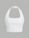 Women's White Halter Neck Sports Crop Top - Stretchy Breathable Backless Tank Top for Summer Workouts & Casual Wear, Machine Washable Sleeveless Shirt, Gym Apparel, Smooth Texture