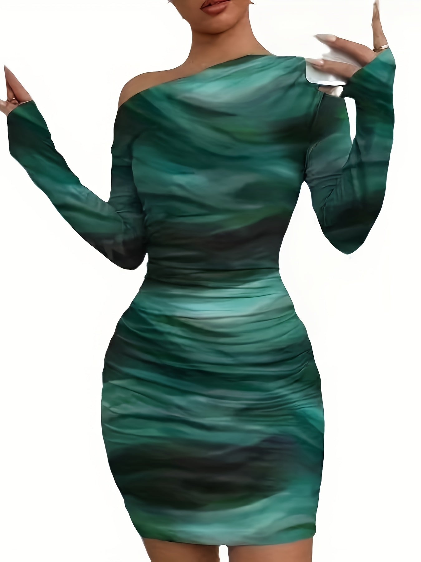 Elegant Asymmetrical Neck Tie-Dye Long Sleeve Bodycon Dress - Green & Black Marble Pattern, Skinny Fit, Perfect for Adult Women, Stylish Evening Attire|Asymmetrical Neckline|Tie Dye Pattern