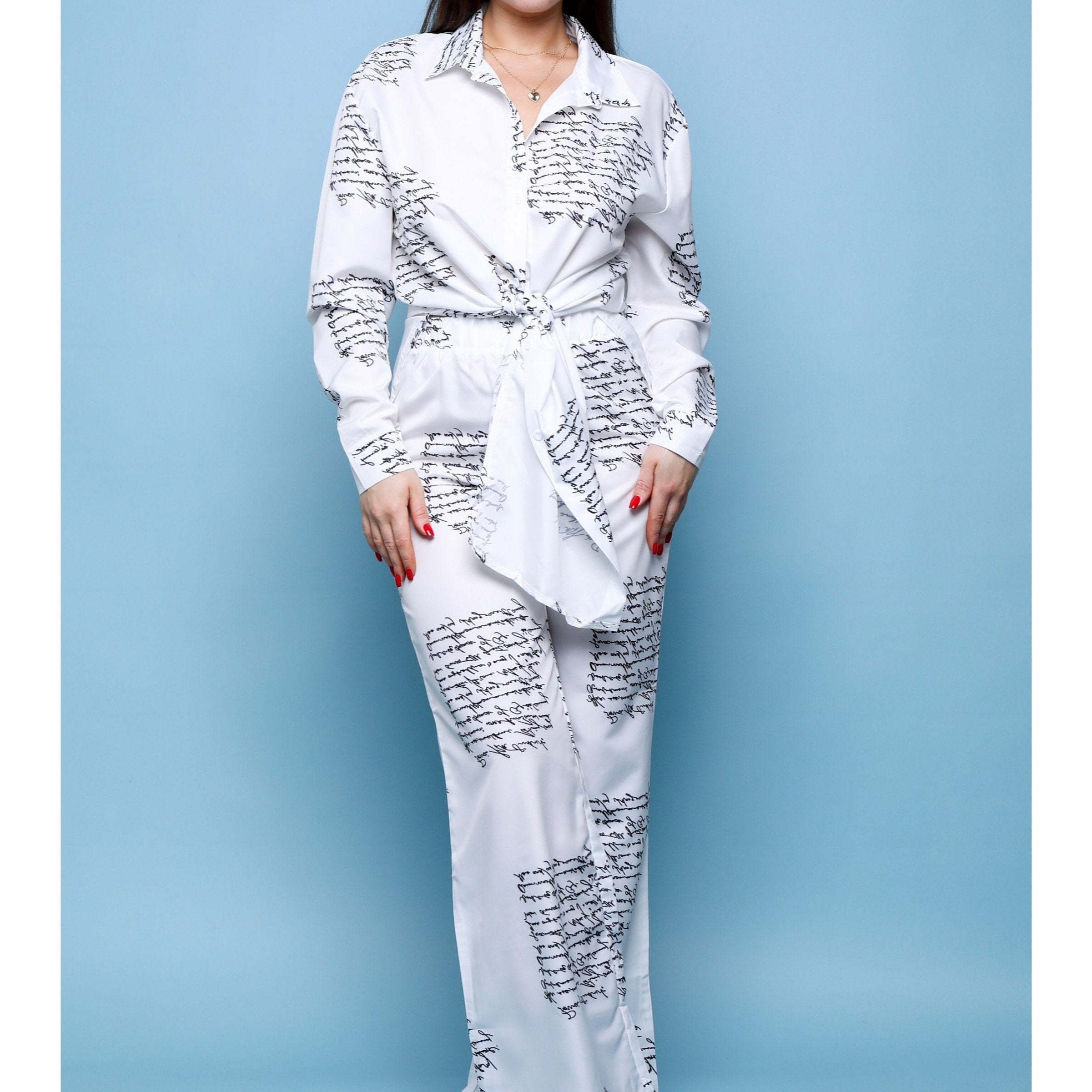 Tie Front Top Wide Leg Pants Set