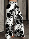 Women's Elegant Floral Print Wide-Leg Pants - High Waist, Black & White Flower Design, Soft Polyester Blend, Machine Washable, Perfect for Spring & Fall