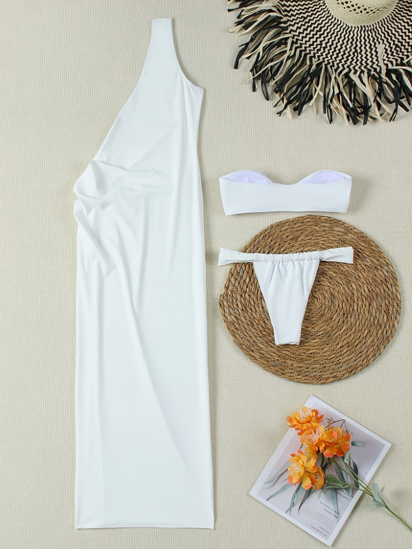 Sexy Solid Color Swimwear, Bandeau Top, One-Shoulder Dress, Three-Piece Bikini Set, Women's Swimsuit and Outfit