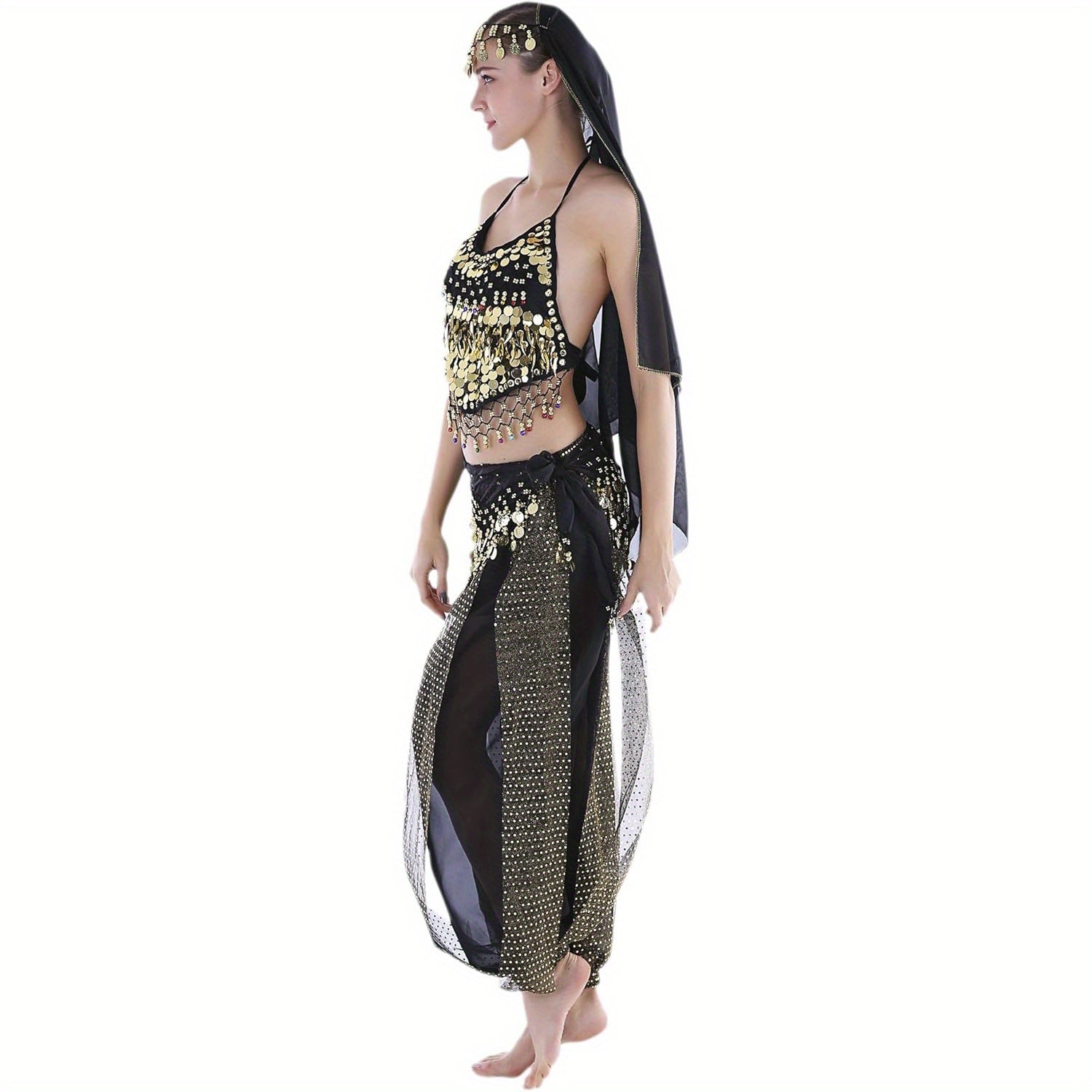 Glamorous 4pcs Indian Dance Costume Set - Headpiece, Bra, Trousers & Waist Chain - Vibrant Red & Golden Accents, Polyester Material - Perfect for Holidays, Performances & Festivals, Festival Attire|Exotic Attire|Polyester Cos