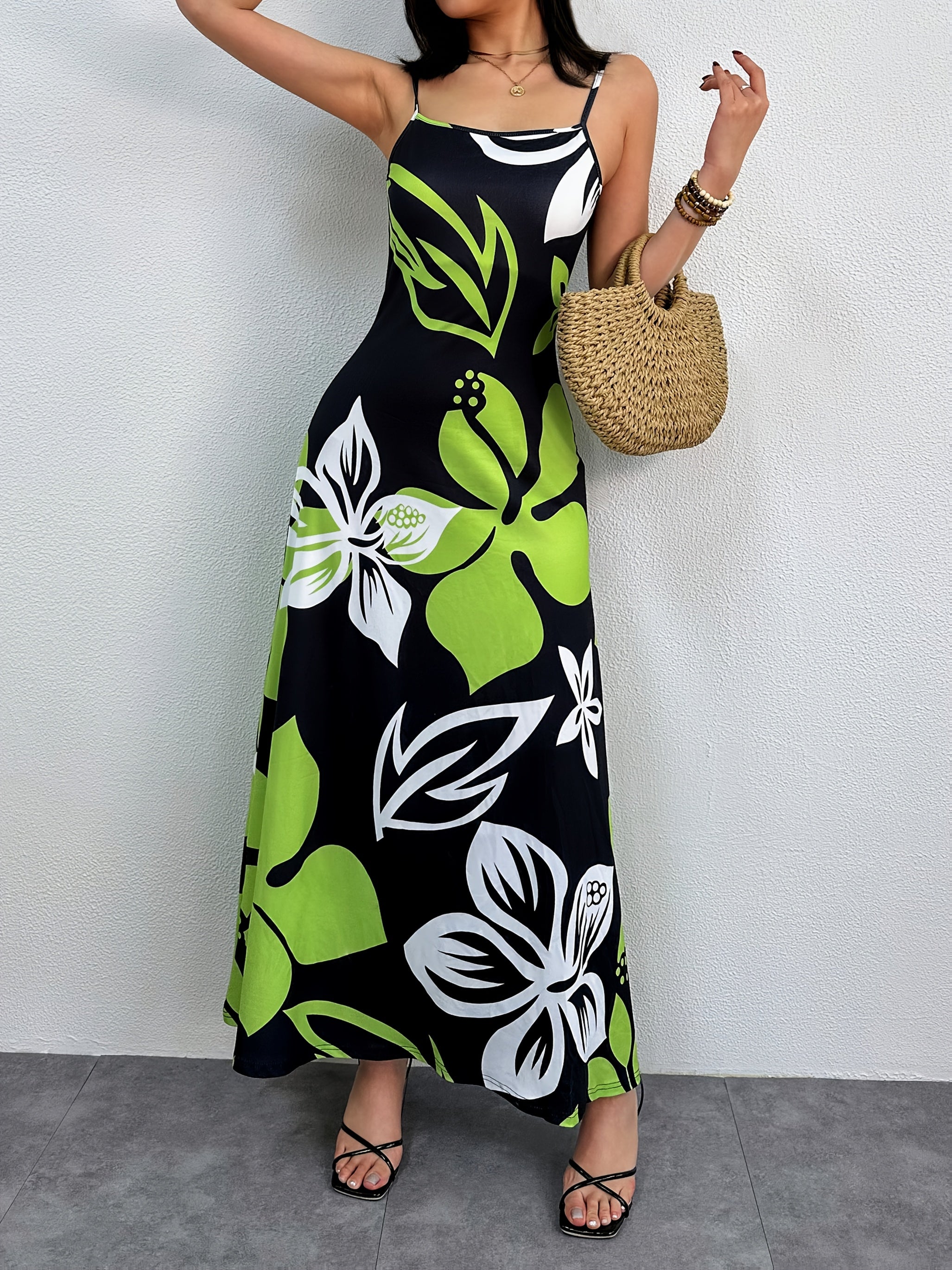 Flirty Plant Print Sundress with Adjustable Straps - Lightweight & Flowy for Spring & Summer Vacations - Womens Casual Cami Dress