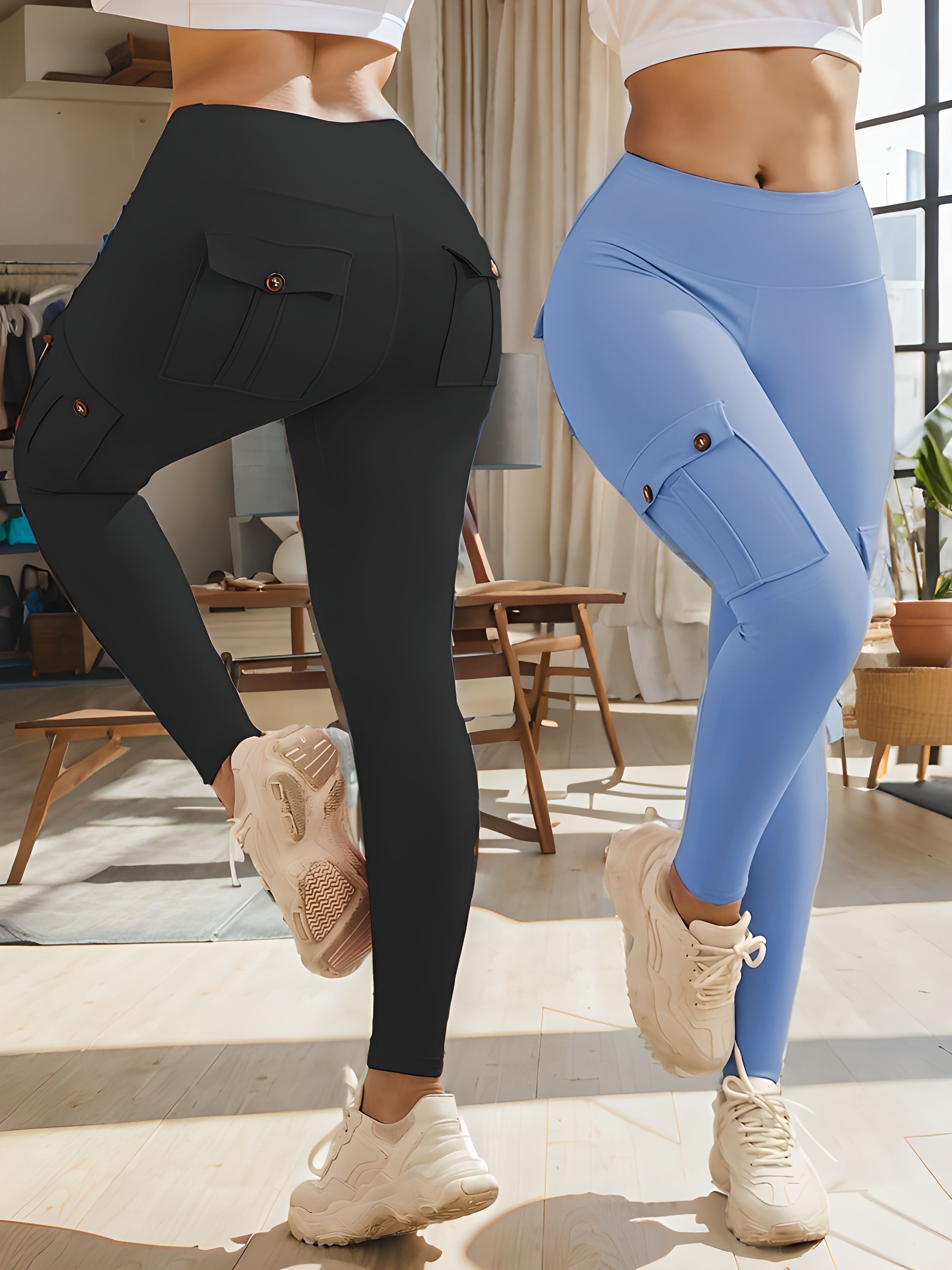 2pcs high-waisted yoga leggings with 4-button pockets, multi-pack butt-lifting and abdominal fitness running four-way elastic work pants, 2pcs leggings set