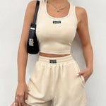 Patched Detail Casual Shorts Set, Square Neck Tank Top & Elastic Waist Shorts Outfits, Women's Clothing