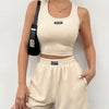 Patched Detail Casual Shorts Set, Square Neck Tank Top & Elastic Waist Shorts Outfits, Women's Clothing