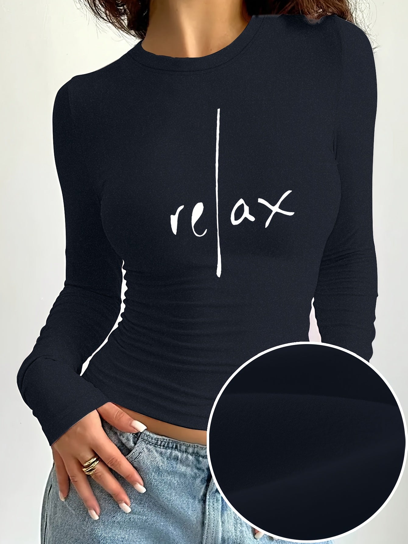 Women'S Elegant Long Sleeve Crew Neck T-Shirt with "Relax" Letter Print, Knit Polyester Blend, Skinny Fit, Short Length, Medium Stretch, Fall/Winter Casual Layer Top