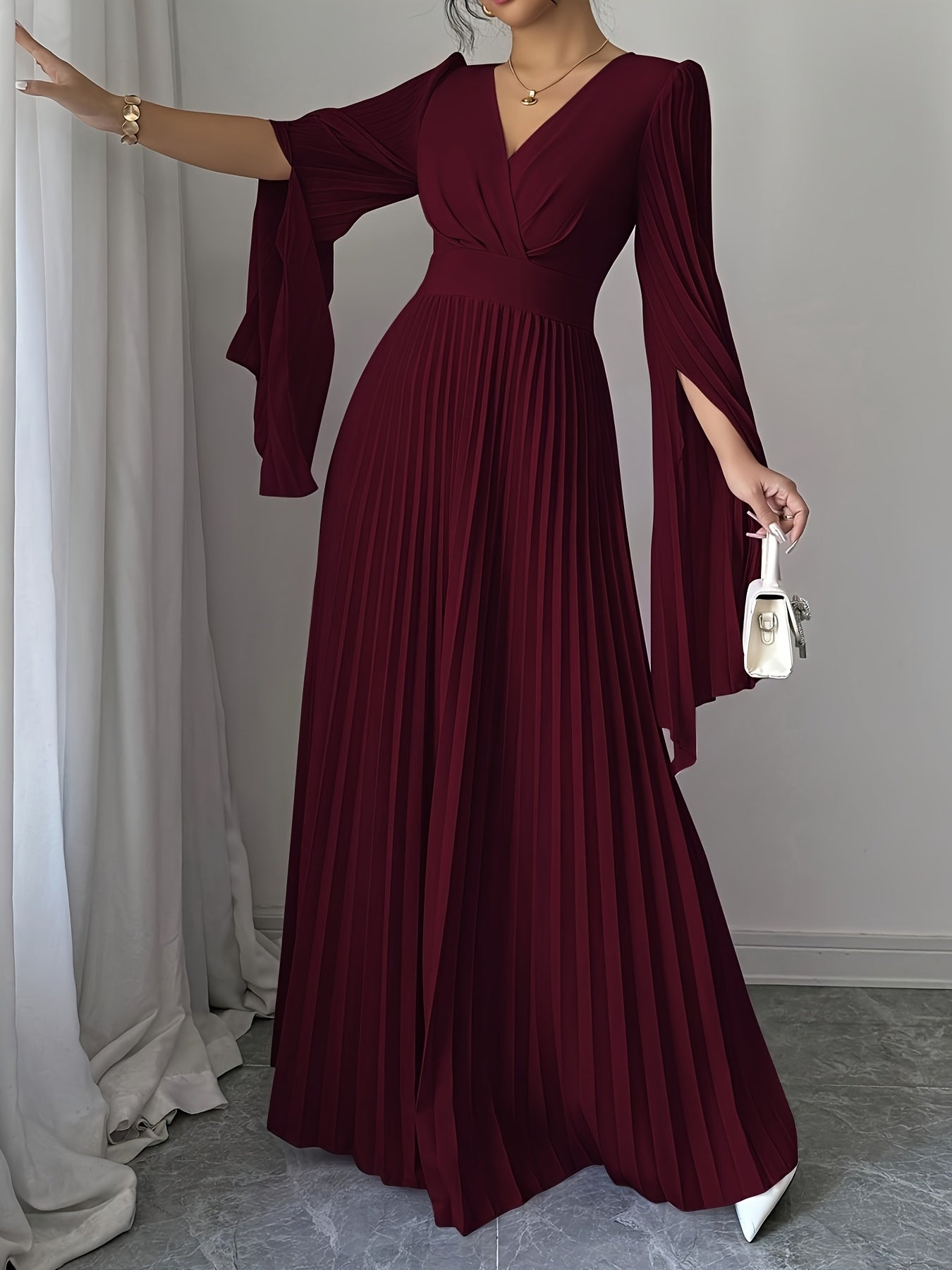 Elegant V-Neck Ruffle Sleeve Maxi Dress - Deep Red, Long Flowing Gown with Puffy Sleeves, Perfect for Parties & Formal Events, Formal Attire|Ruffle Detail|Vneckline