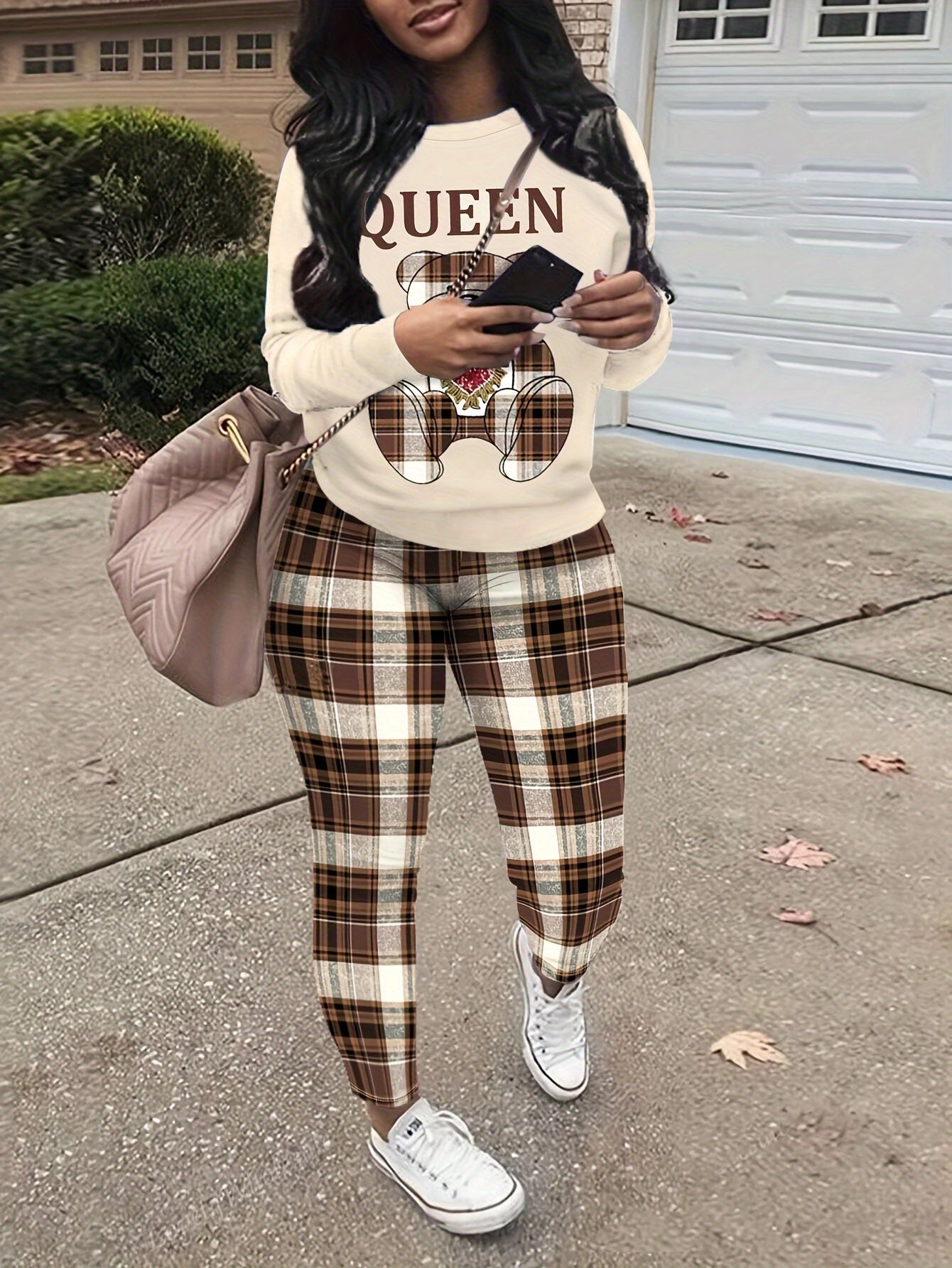 Women's Casual Round Neck Long Sleeves Queen Letter Bear Print Sweatshirt And Plaid Skinny Pants Set Spring Fall And Winter