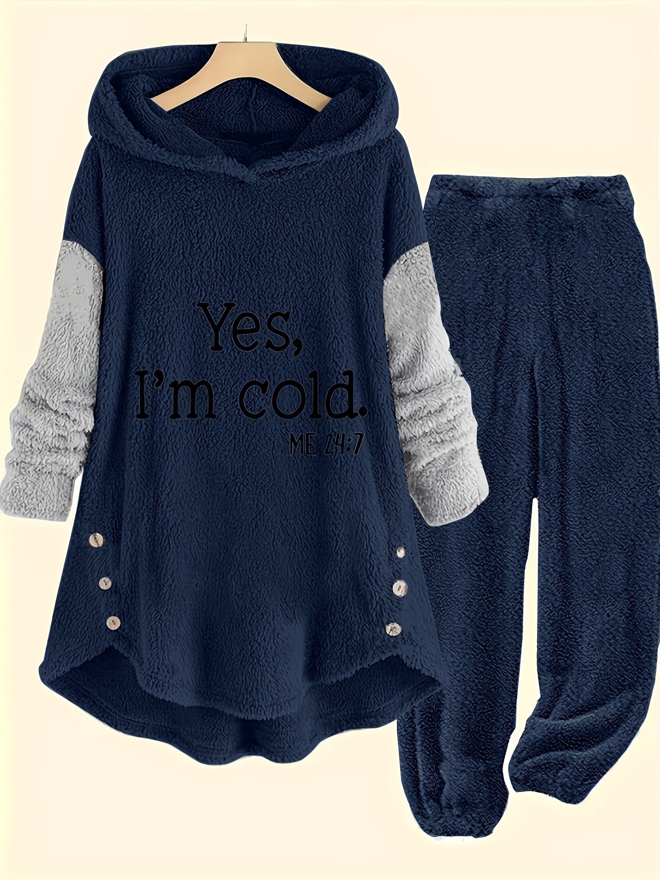 Cozy Women's Gray Fleece Hoodie & Jogger Set - "YES, I'M COLD" Print, Long Sleeves with Button Detail, Casual Polyester Outfit for Fall & Winter, Machine Washable, Jogging Pants