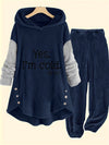 Cozy Women's Gray Fleece Hoodie & Jogger Set - "YES, I'M COLD" Print, Long Sleeves with Button Detail, Casual Polyester Outfit for Fall & Winter, Machine Washable, Jogging Pants