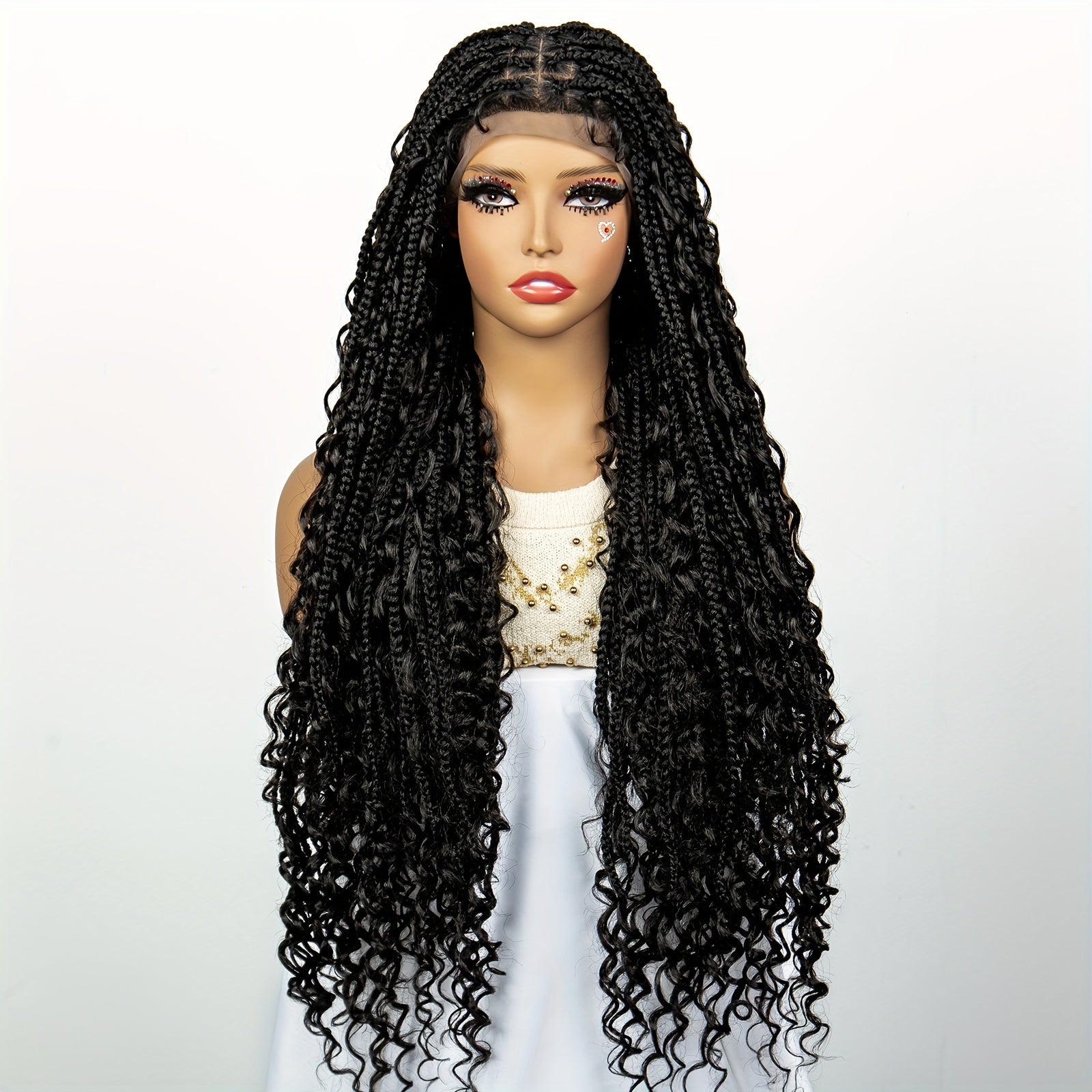 Full Lace Women's Bohemian Knotless Braided Full Lace Wig, Long Goddess Braided Wig, Curly Synthetic Braids With Baby Hair, Synthetic Bohemian Braided Wig