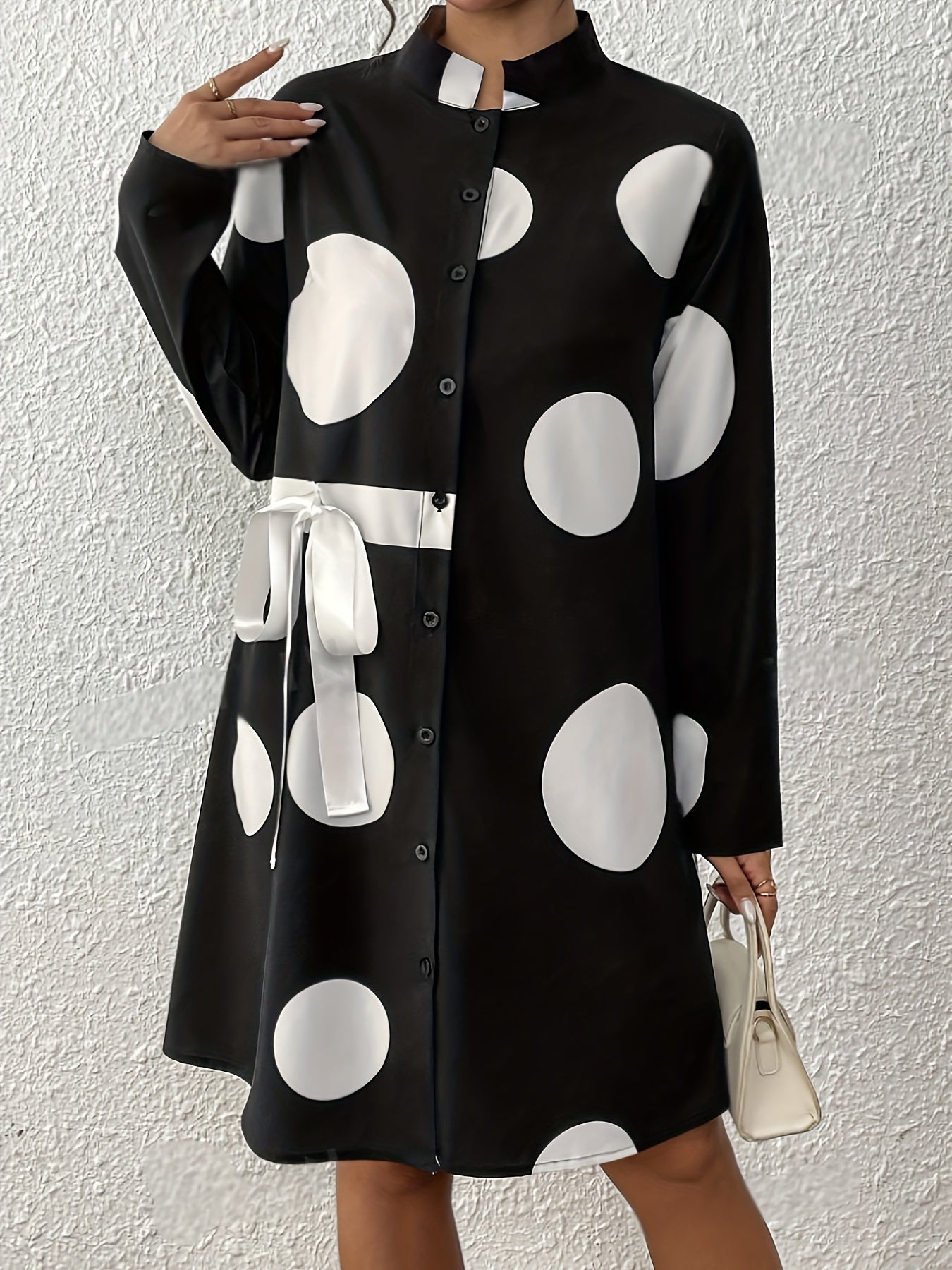 Women's Casual Polka Dot Long Sleeve Knee-Length Dress with Stand Collar and Bow Detail, 100% Polyester Woven Fabric, All-Season Loose Fit A-Line Dress with Flared Hem, Long Sleeve Dress