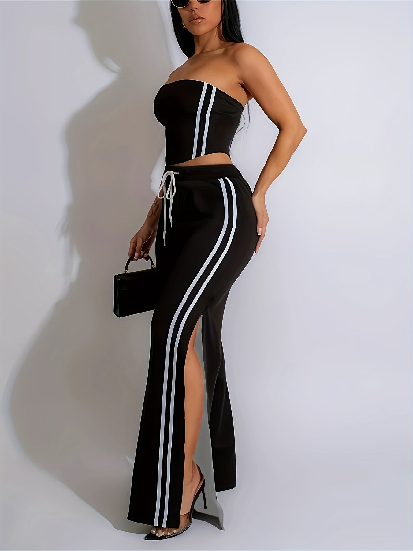 Loose-Fitting Striped Long Pants Set with a Bustier Top