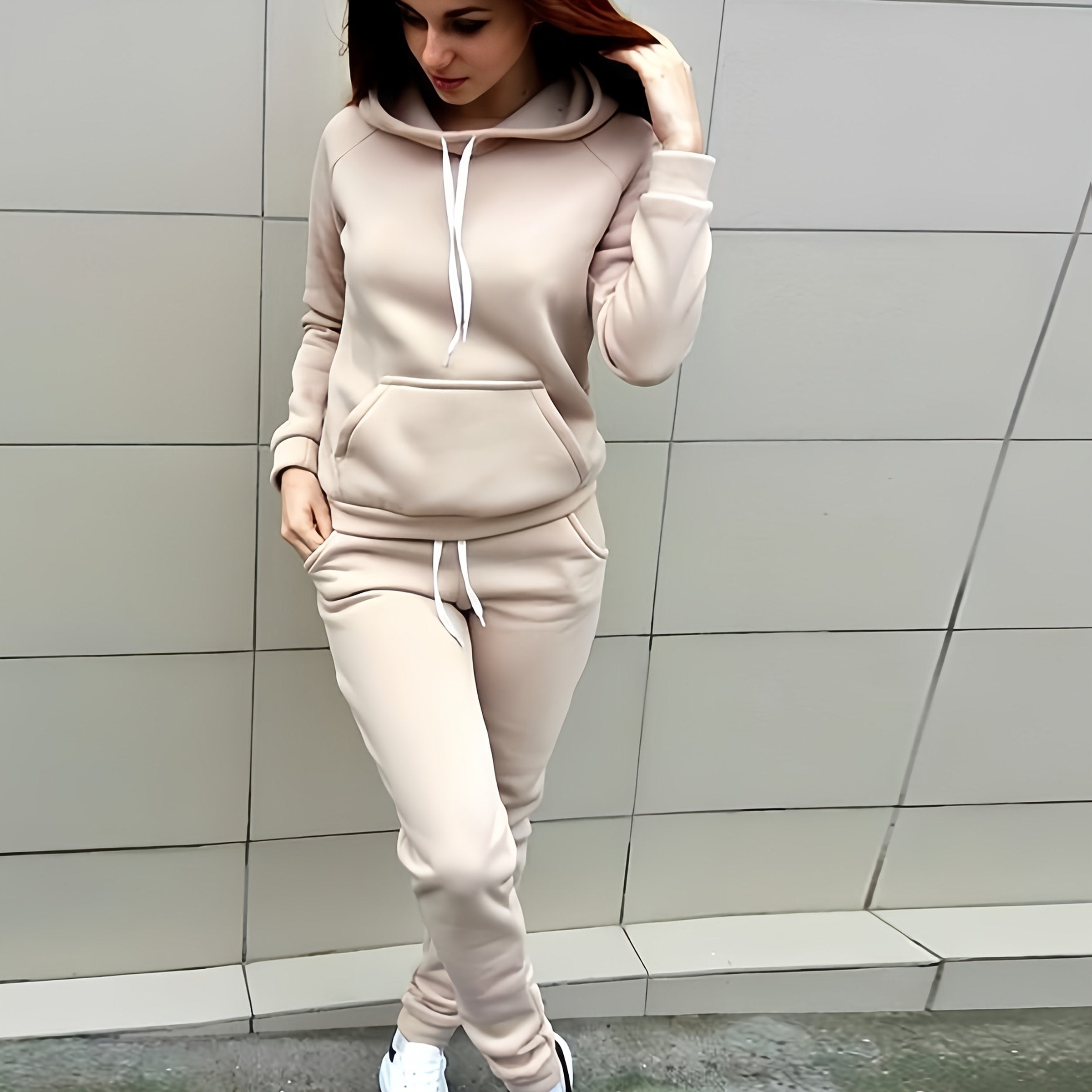 Ladies Fashion Casual 2pcs Red Hoodie, Slim-fit Hoodie, Long Sleeves, With Front Pocket And Adjustable Drawstring Pants, Solid Color Casual Spring/Fall Dress, Los Angeles Style, Gift For Girlfriend