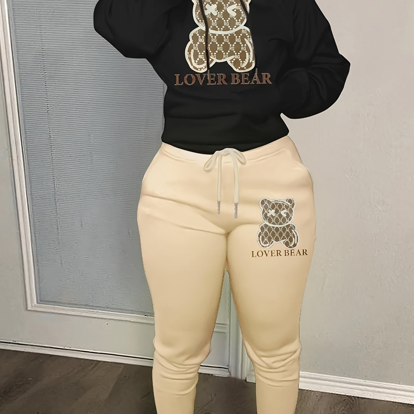 Cartoon Bear Print Two-piece Set, Drawstring Long Sleeve Hoodies & Workout Jogger Pants Outfits, Women's Clothing